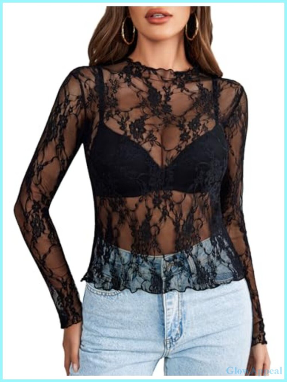 Women's Sheer Mesh Mock Neck Long Sleeve Blouse Lace Floral Party Top